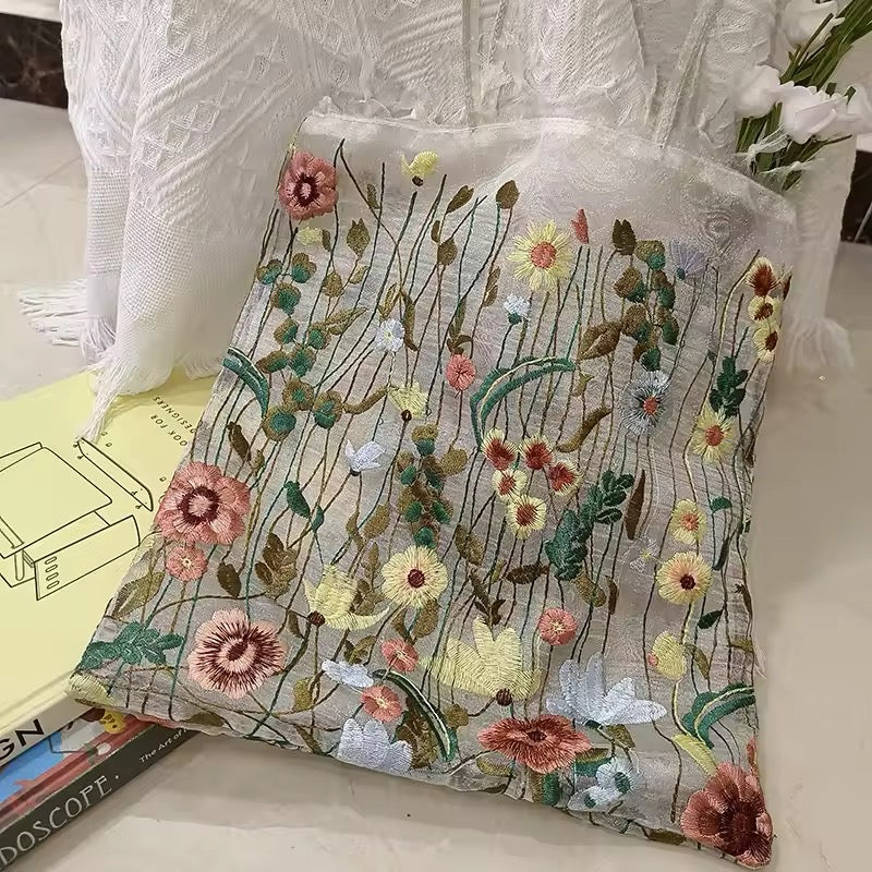 Floral Embroidered Mesh Shopping Bag