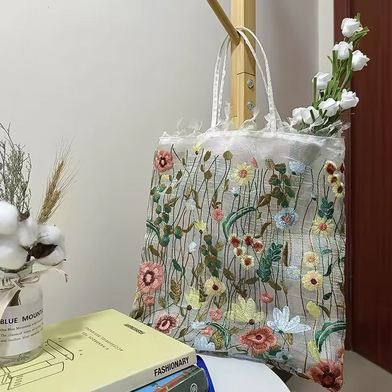 Floral Embroidered Mesh Shopping Bag