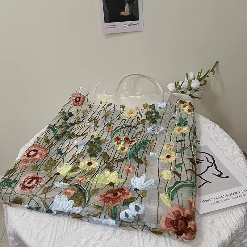 Floral Embroidered Mesh Shopping Bag