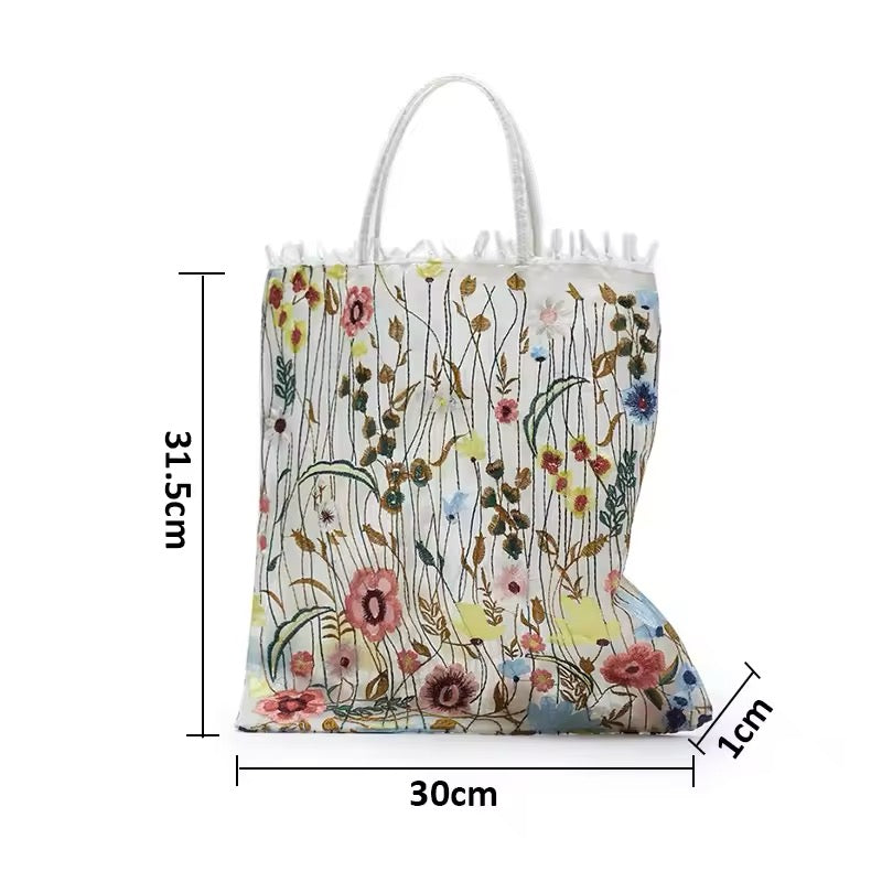 Floral Embroidered Mesh Shopping Bag