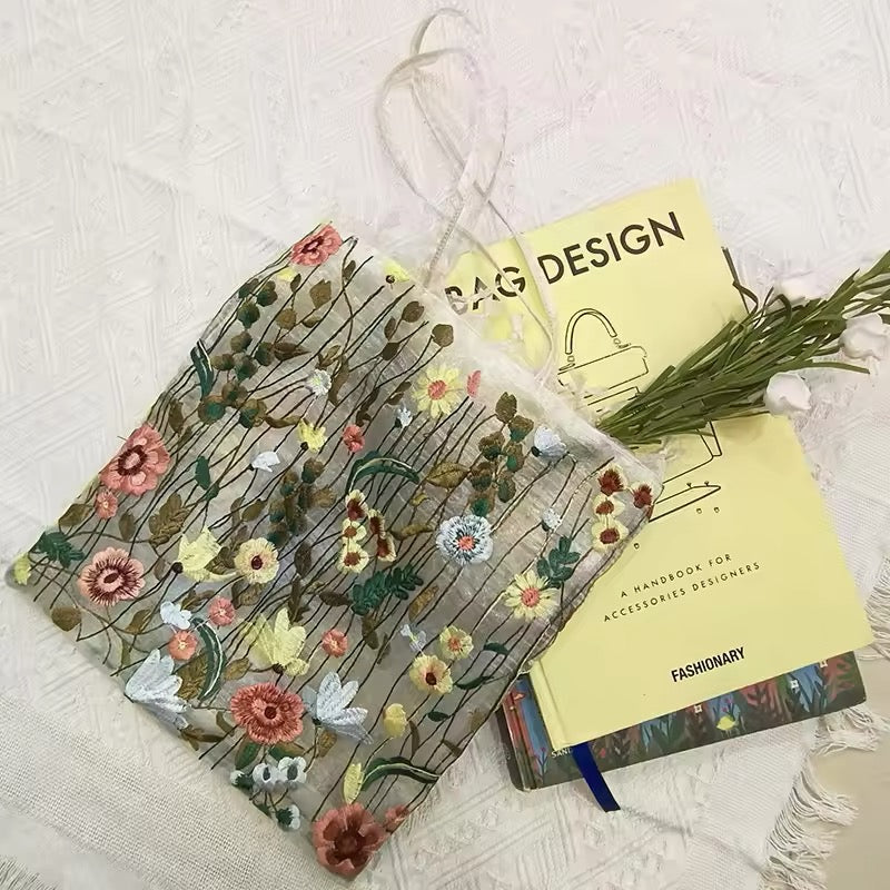 Floral Embroidered Mesh Shopping Bag