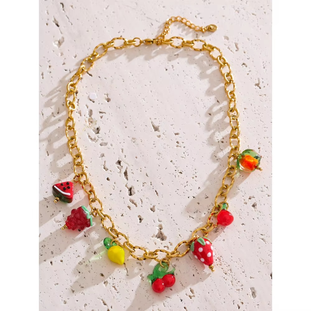 fruit charm necklace with colorful glazed fruit pendants, featuring an adjustable stainless steel chain