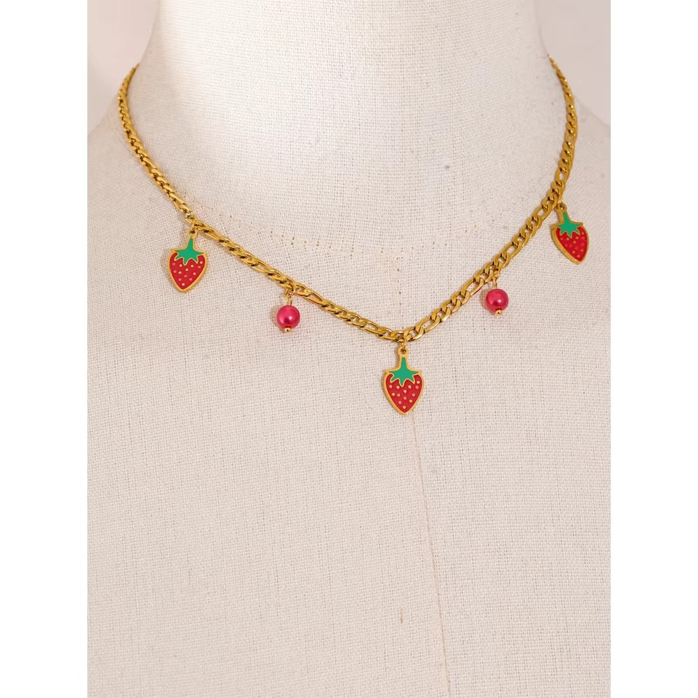 strawberry charm necklace with chained chain