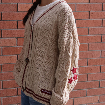 Beige Red Stars Holiday Cardigan
