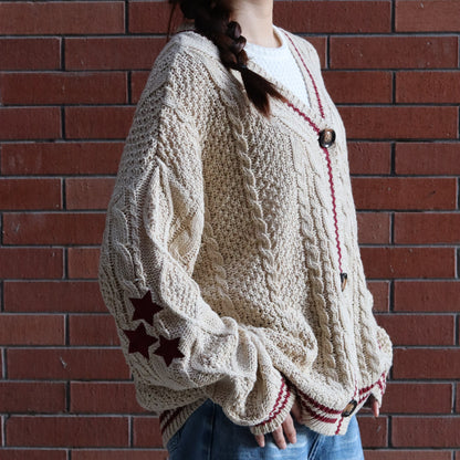 Beige Red Stars Holiday Cardigan