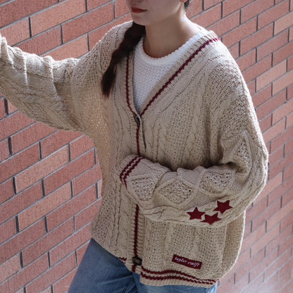 Beige Red Stars Holiday Cardigan