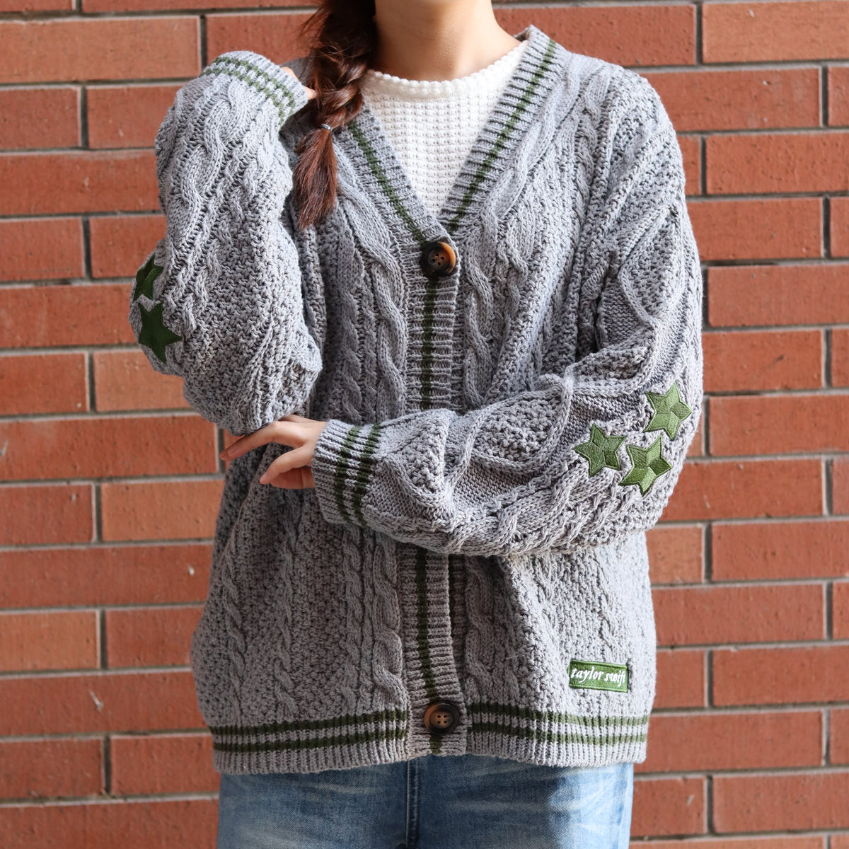 Gray Green Stars Holiday Cardigan