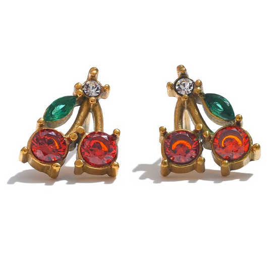 cherry stud earrings with red stones and green leaves