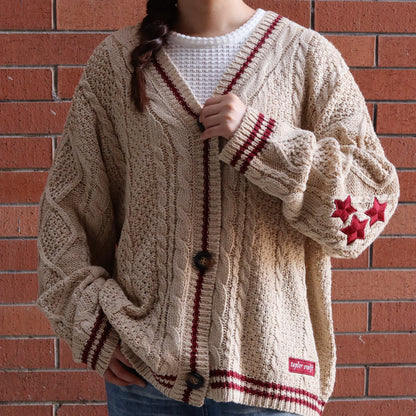 Beige Red Stars Holiday Cardigan