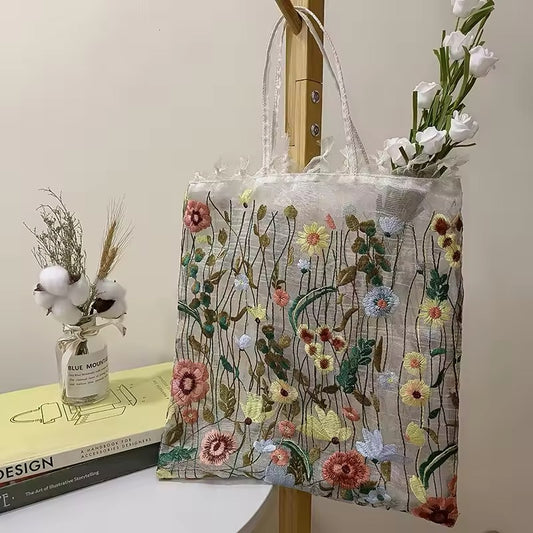 Floral Embroidered Mesh Shopping Bag