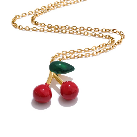 Cherry-themed necklace and earrings set made of stainless steel with PVD real gold plating, featuring red enamel cherry charms.